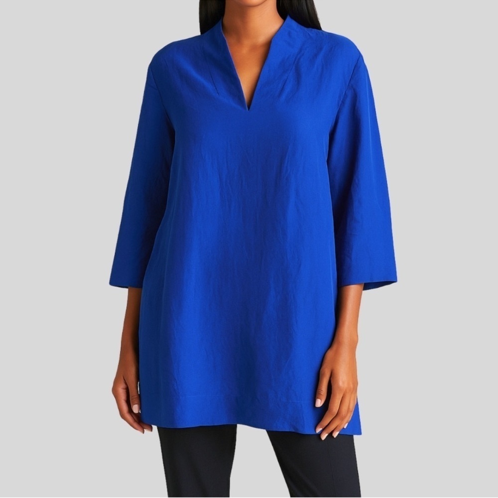 Eileen Fisher Silk Dupioni High Collar Top Catalina Blue VNeck Long Sleeve - Picture 12 of 12